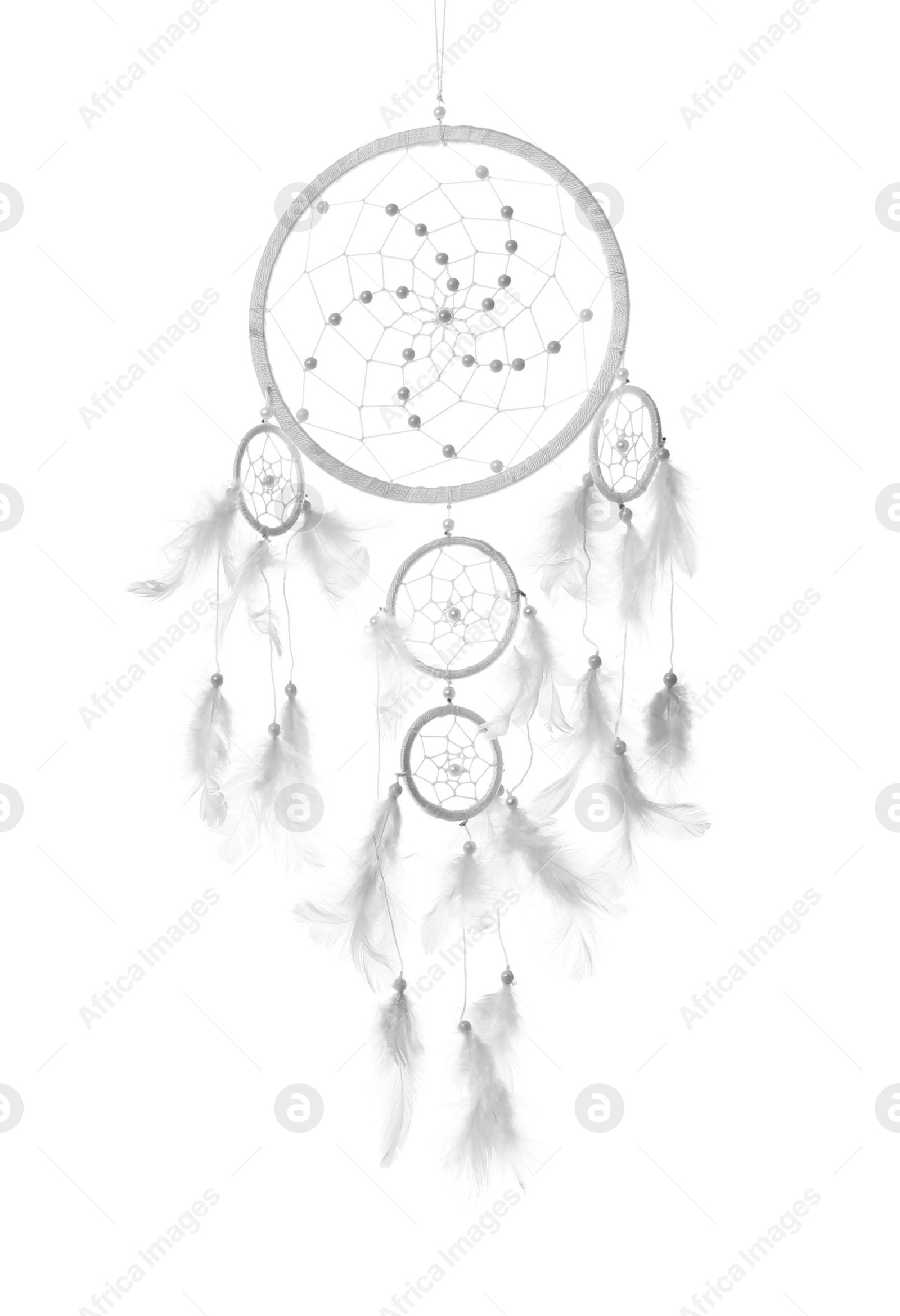 Photo of Beautiful handmade dream catcher on white background