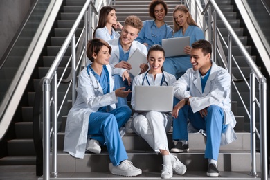 Group of medical students in college hallway