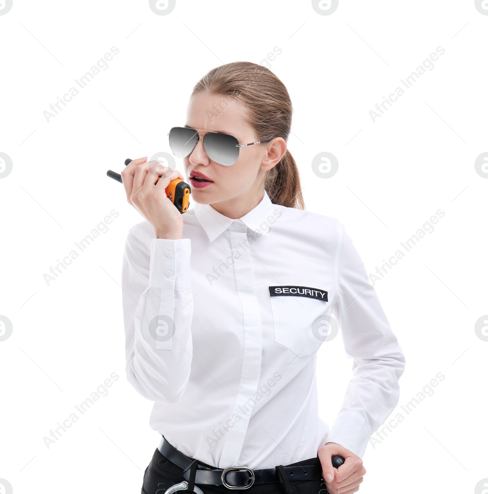 Photo of Female security guard using portable radio transmitter on white background