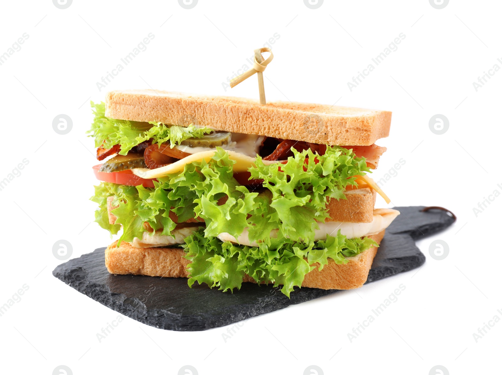 Photo of Yummy sandwich with bacon and chicken isolated on white