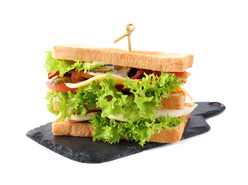 Yummy sandwich with bacon and chicken isolated on white