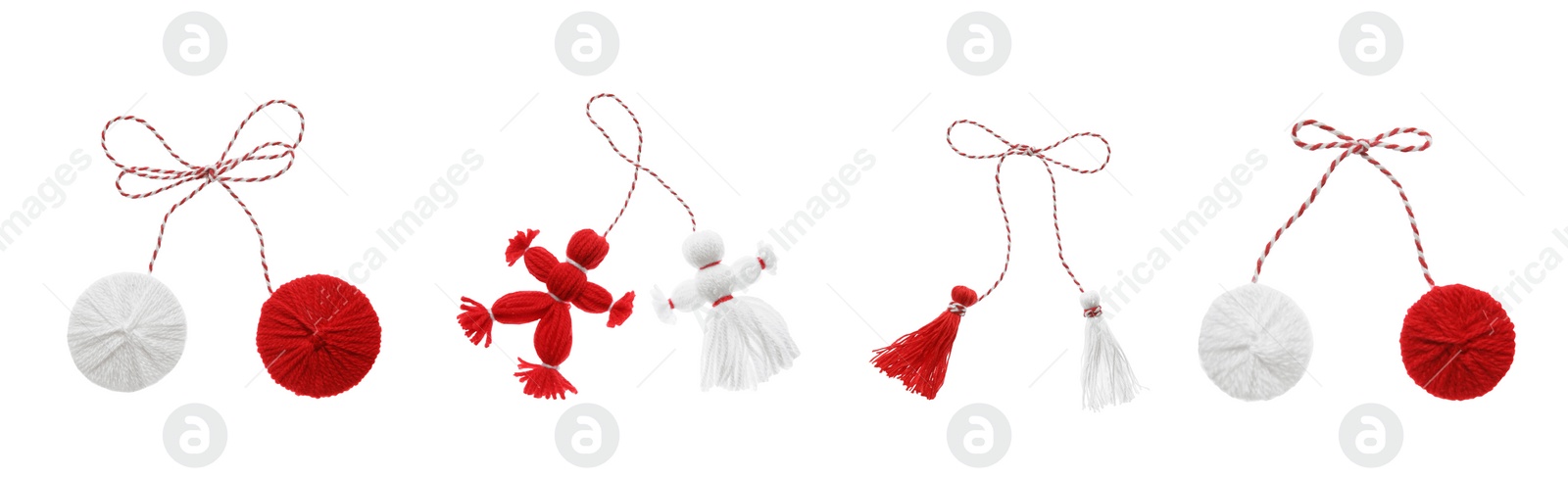 Image of Set with traditional martenitsi in different shapes on white background, banner design. Symbol of first spring day (Martisor celebration)