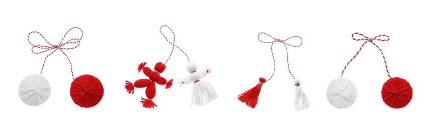 Set with traditional martenitsi in different shapes on white background, banner design. Symbol of first spring day (Martisor celebration)