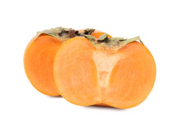 Photo of Halves of delicious ripe juicy persimmons on white background