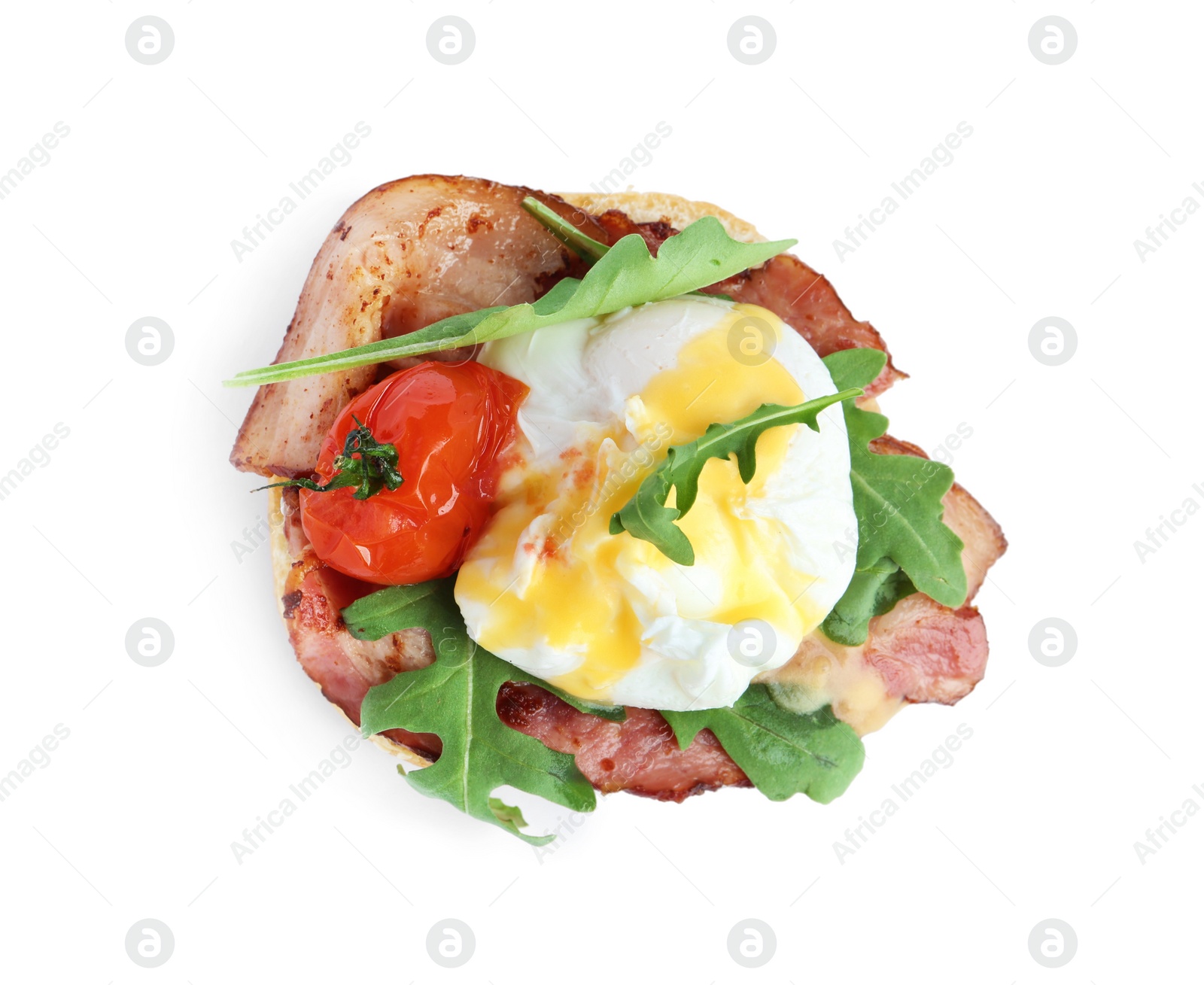 Photo of Fresh delicious egg Benedict isolated on white, top  view