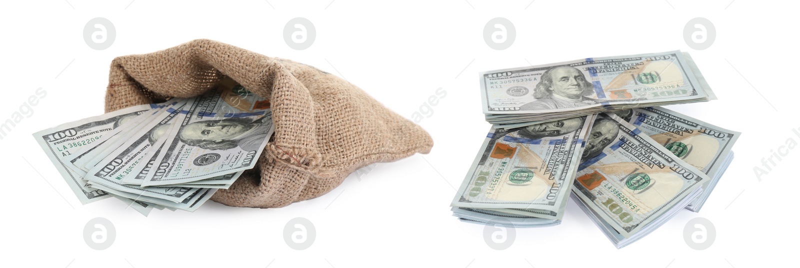 Image of Sack and money on white background. American dollars