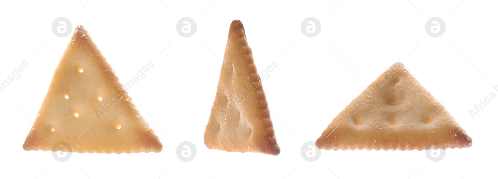 Image of Collage of tasty crackers on white background