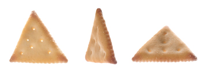 Collage of tasty crackers on white background