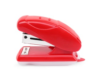 Photo of One new red stapler isolated on white
