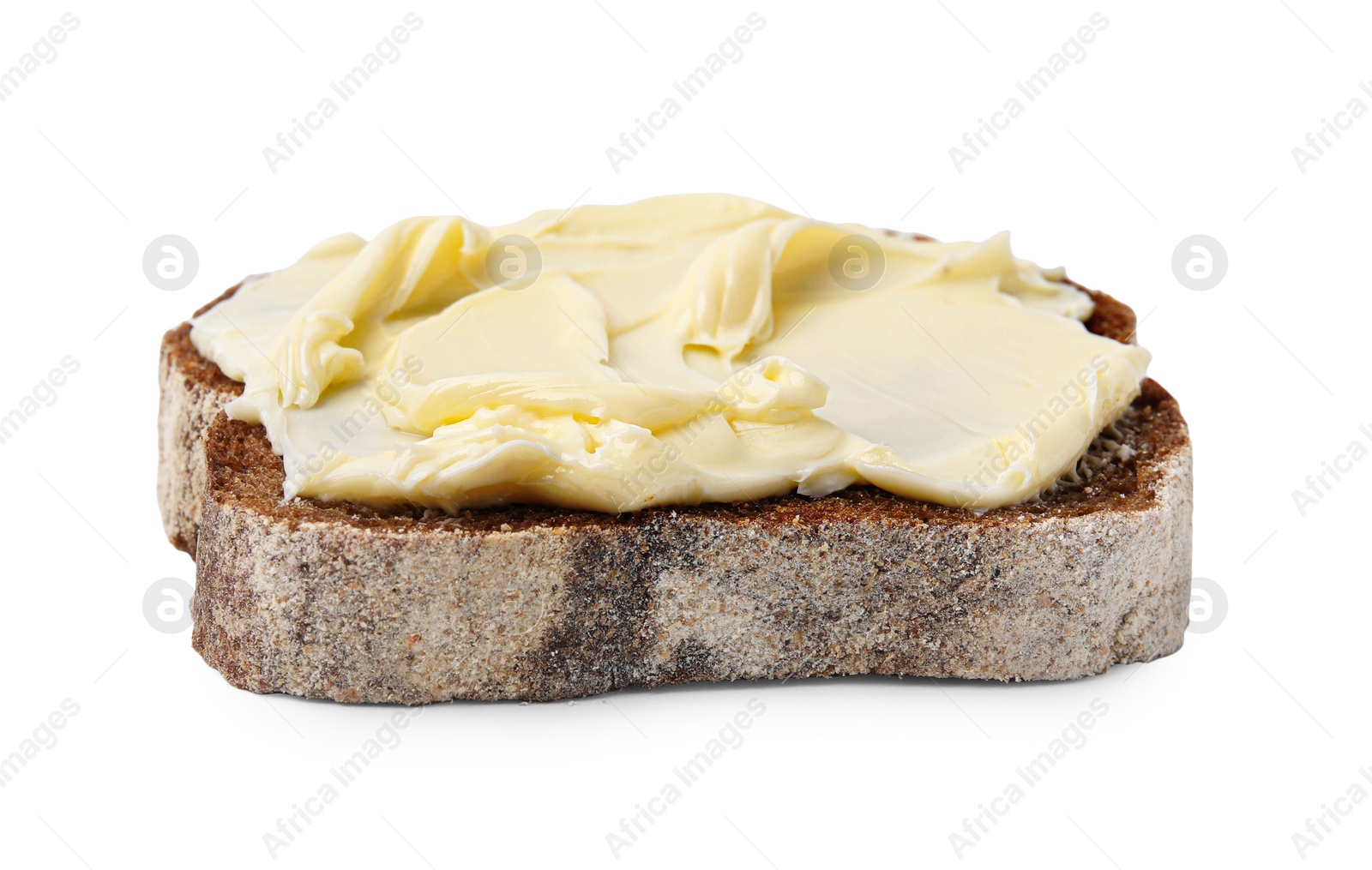 Photo of Slice of tasty bread with butter isolated on white