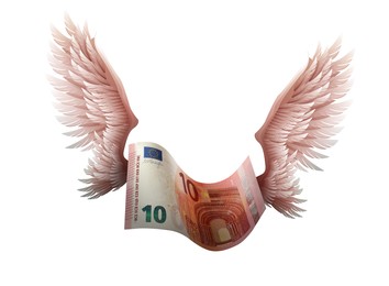 Image of Euro banknote with wings on white background