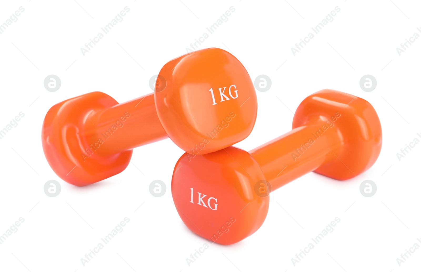 Photo of Orange dumbbells isolated on white. Sports equipment