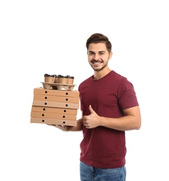 Photo of Young courier with pizza boxes and drinks on white background. Food delivery service