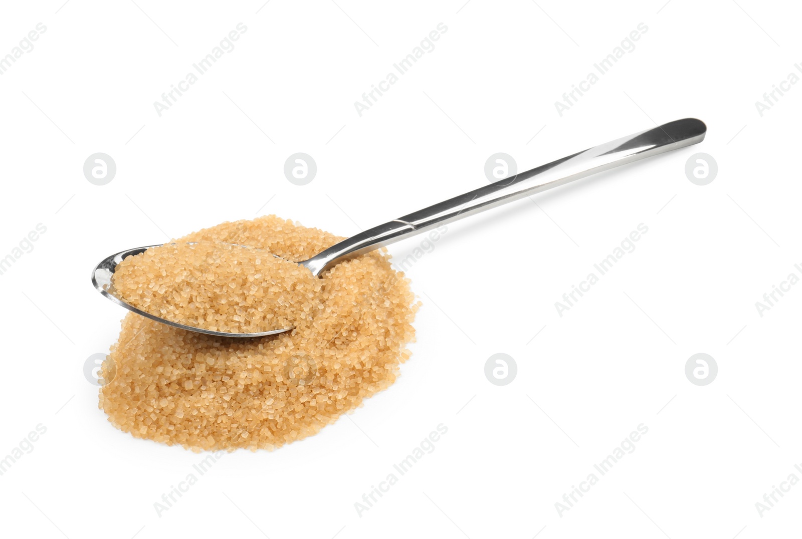 Photo of Pile of brown sugar and spoon isolated on white