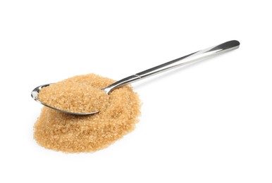 Photo of Pile of brown sugar and spoon isolated on white