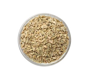 Dry fennel seeds in bowl isolated on white, top view