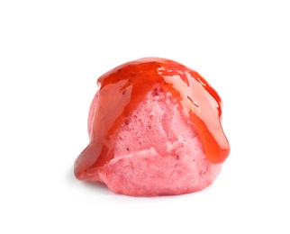 Photo of Scoop of delicious strawberry ice cream with syrup on white background