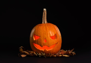 Photo of Pumpkin head with autumn leaves on black background. Jack lantern - traditional Halloween decor