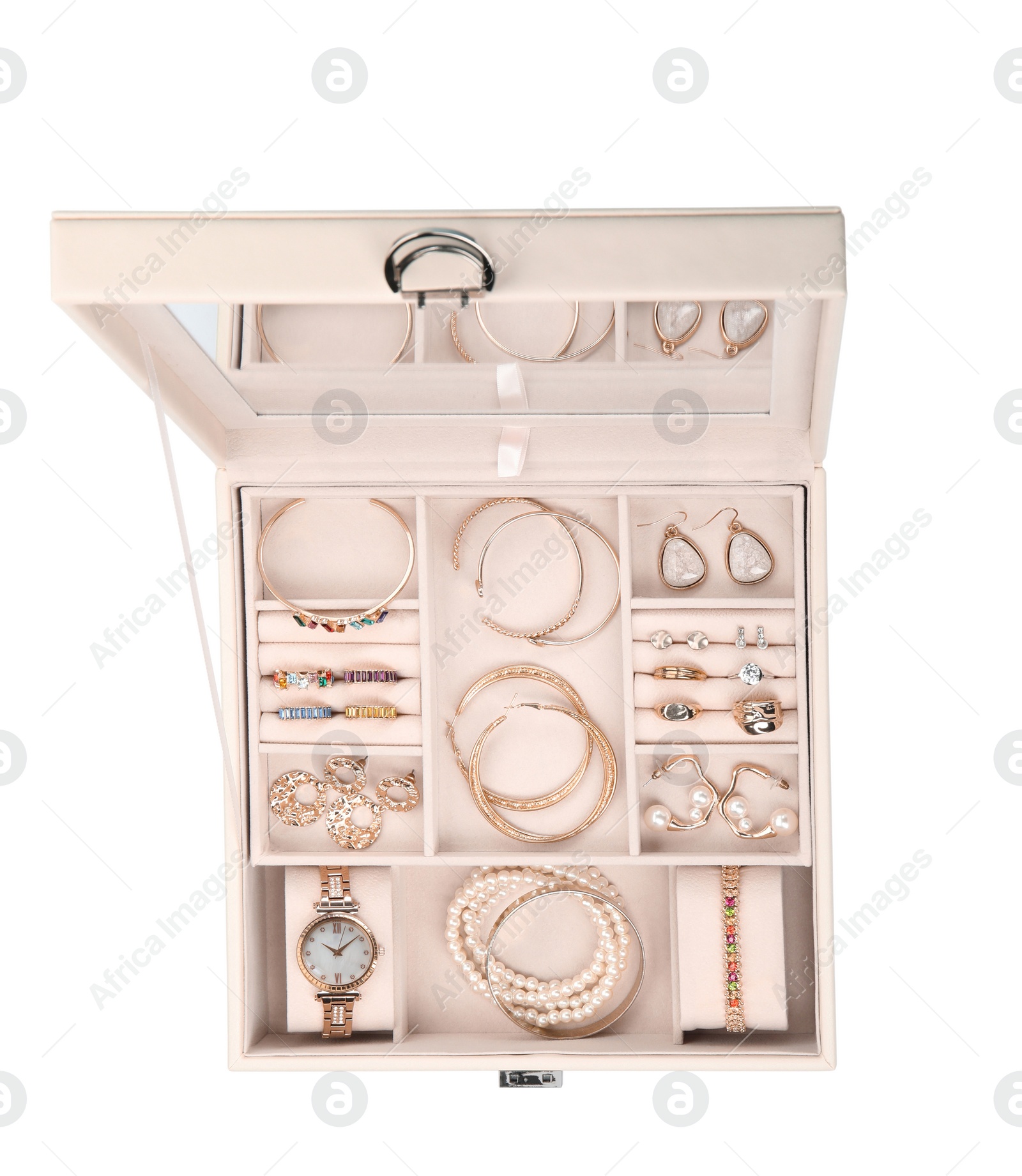 Photo of Jewelry box with stylish golden bijouterie on white background, top view