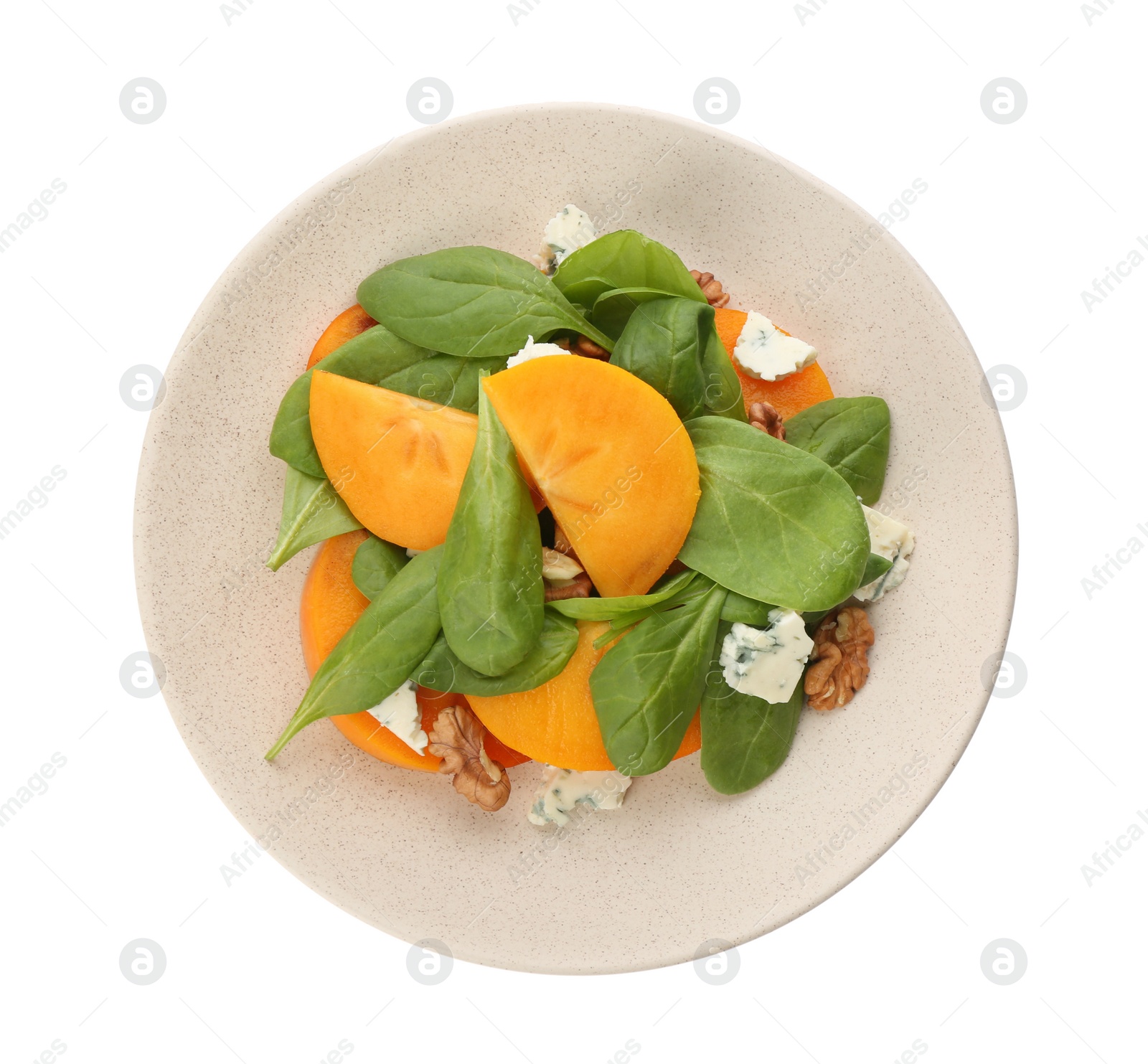 Photo of Delicious persimmon salad with blue cheese and spinach isolated on white, top view