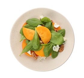 Delicious persimmon salad with blue cheese and spinach isolated on white, top view