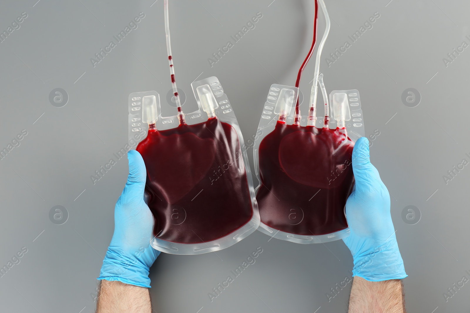 Photo of Doctor in gloves holding blood packs on gray background, top view. Donation day