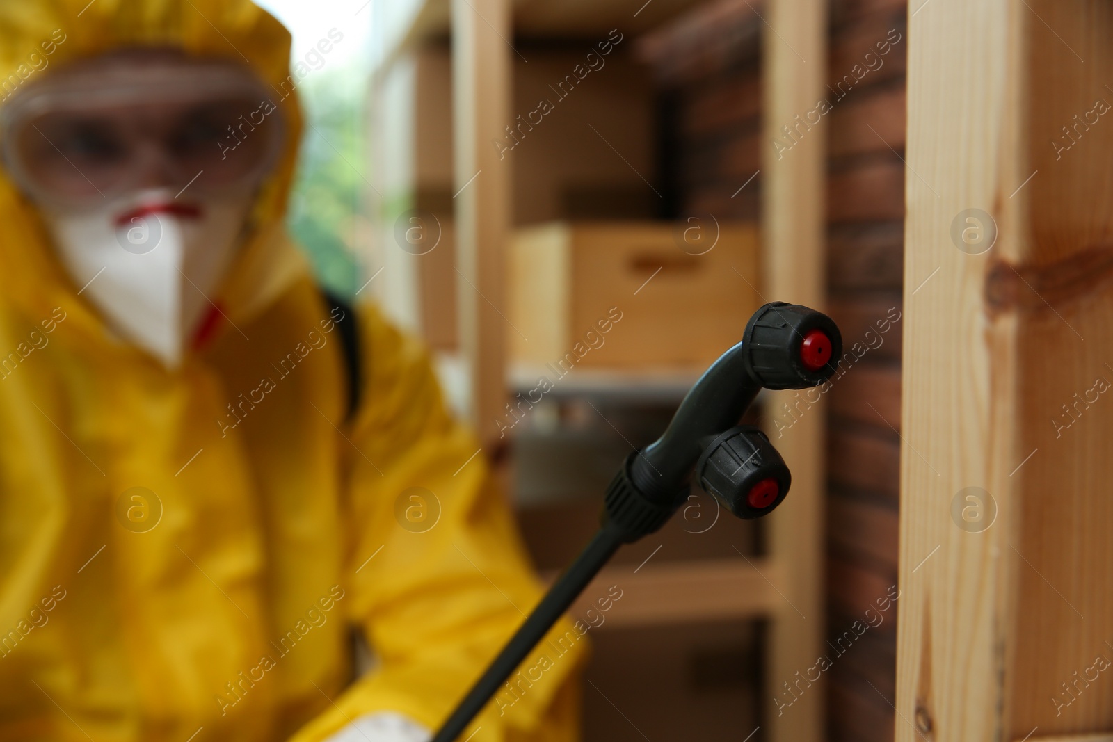 Photo of Pest control worker spraying pesticide indoors, focus on nozzle