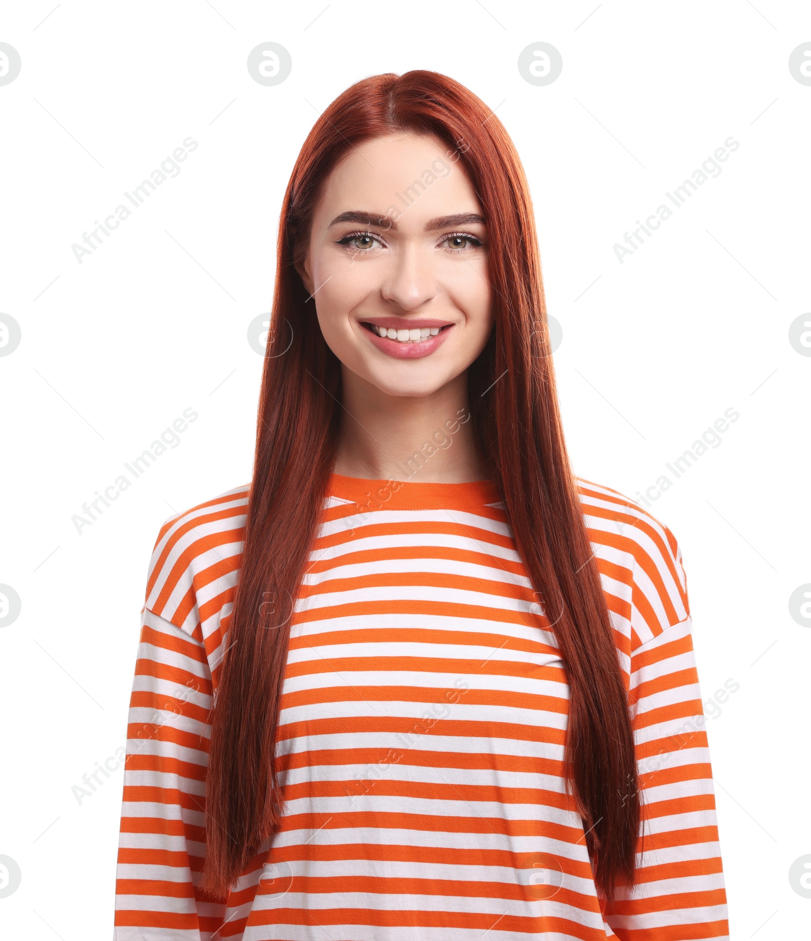 Photo of Happy woman with red dyed hair on white background