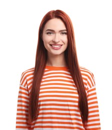 Photo of Happy woman with red dyed hair on white background