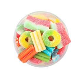 Photo of Bowl of tasty colorful jelly candies on white background, top view