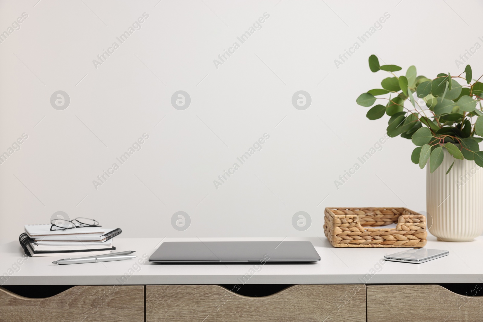 Photo of Home office. Laptop, glasses, stationery and plant on white desk indoors. Space for text