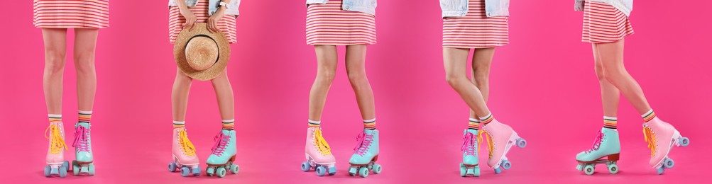 Photos of woman with retro roller skates on bright pink background, closeup. Collage banner design