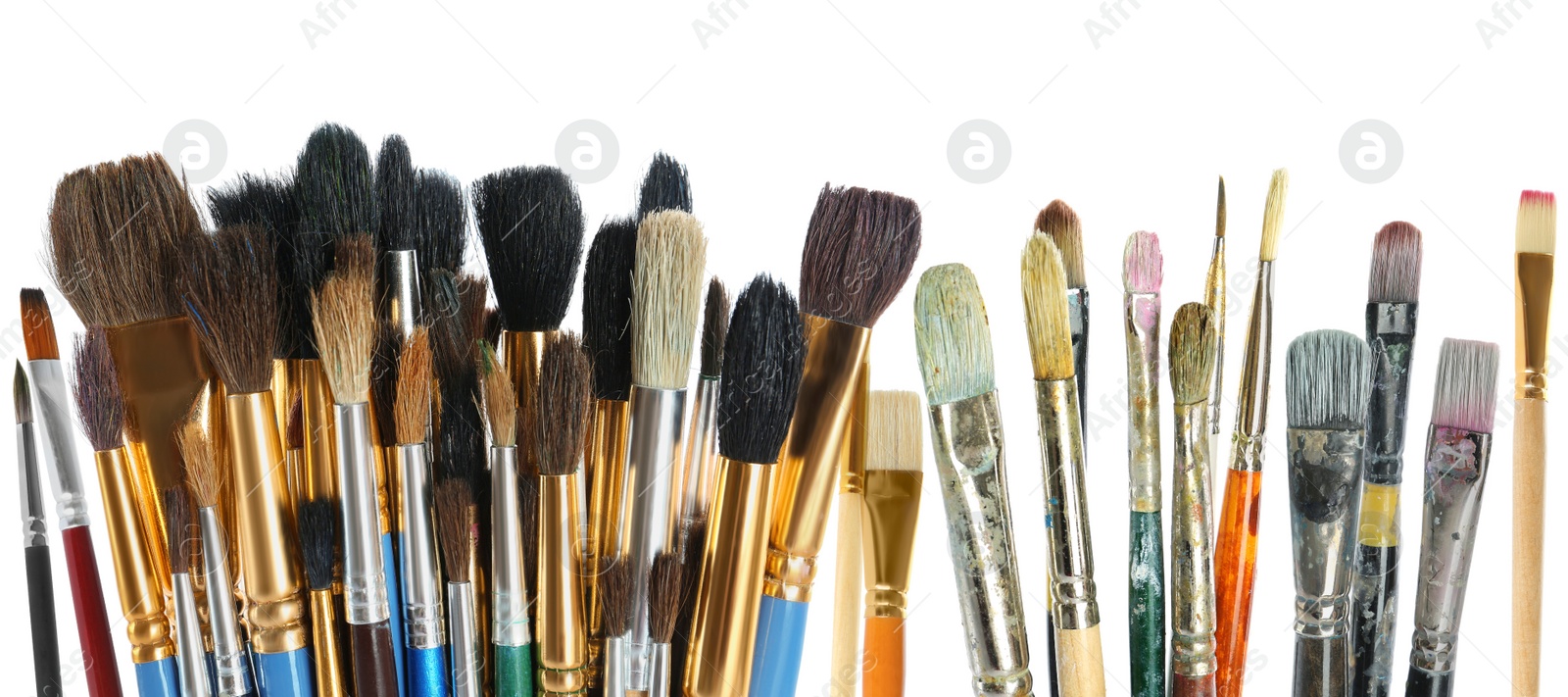 Image of Set of different paintbrushes on white background. Banner design