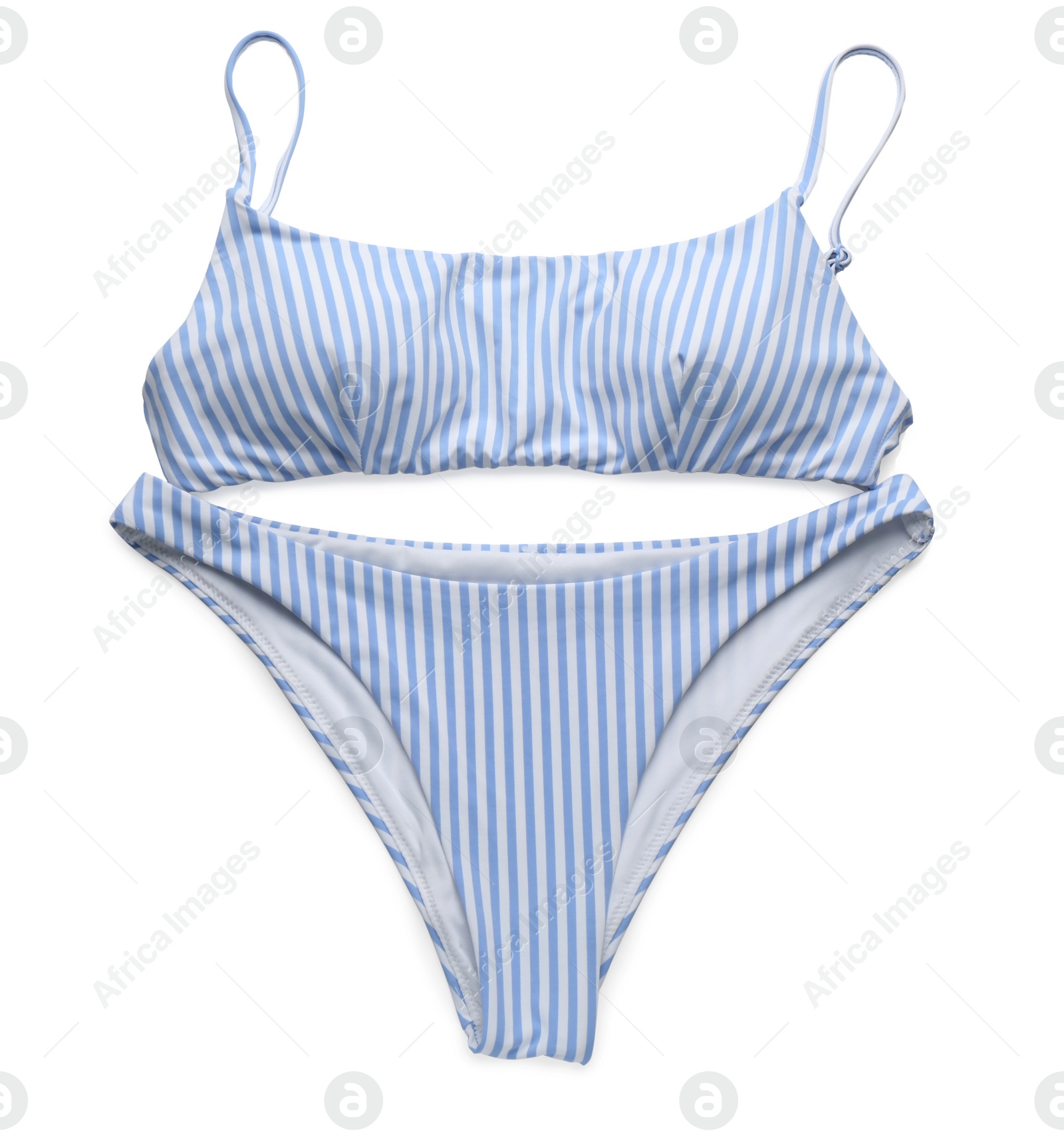 Photo of Stylish striped swimsuit isolated on white, top view. Beach accessory