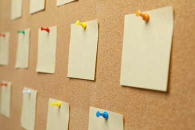Many paper notes pinned to cork board