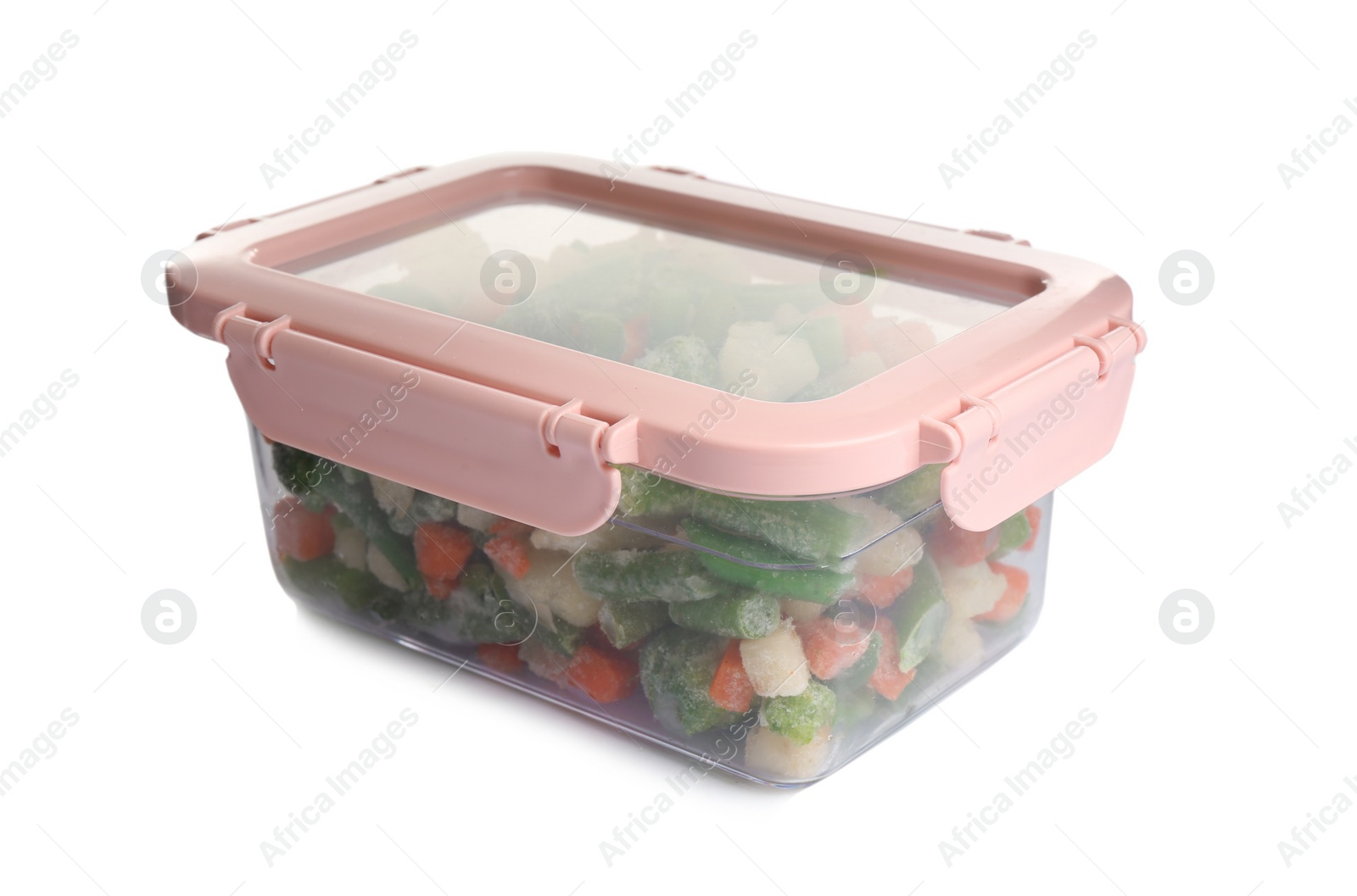 Photo of Frozen vegetables in plastic container isolated on white