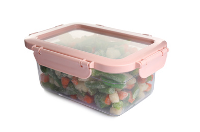 Frozen vegetables in plastic container isolated on white