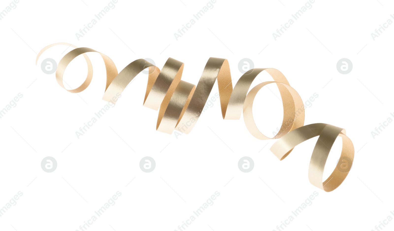 Photo of Shiny serpentine streamer on white background. Festive decor