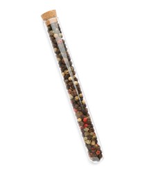 Glass tube with mixed peppercorns on white background, top view
