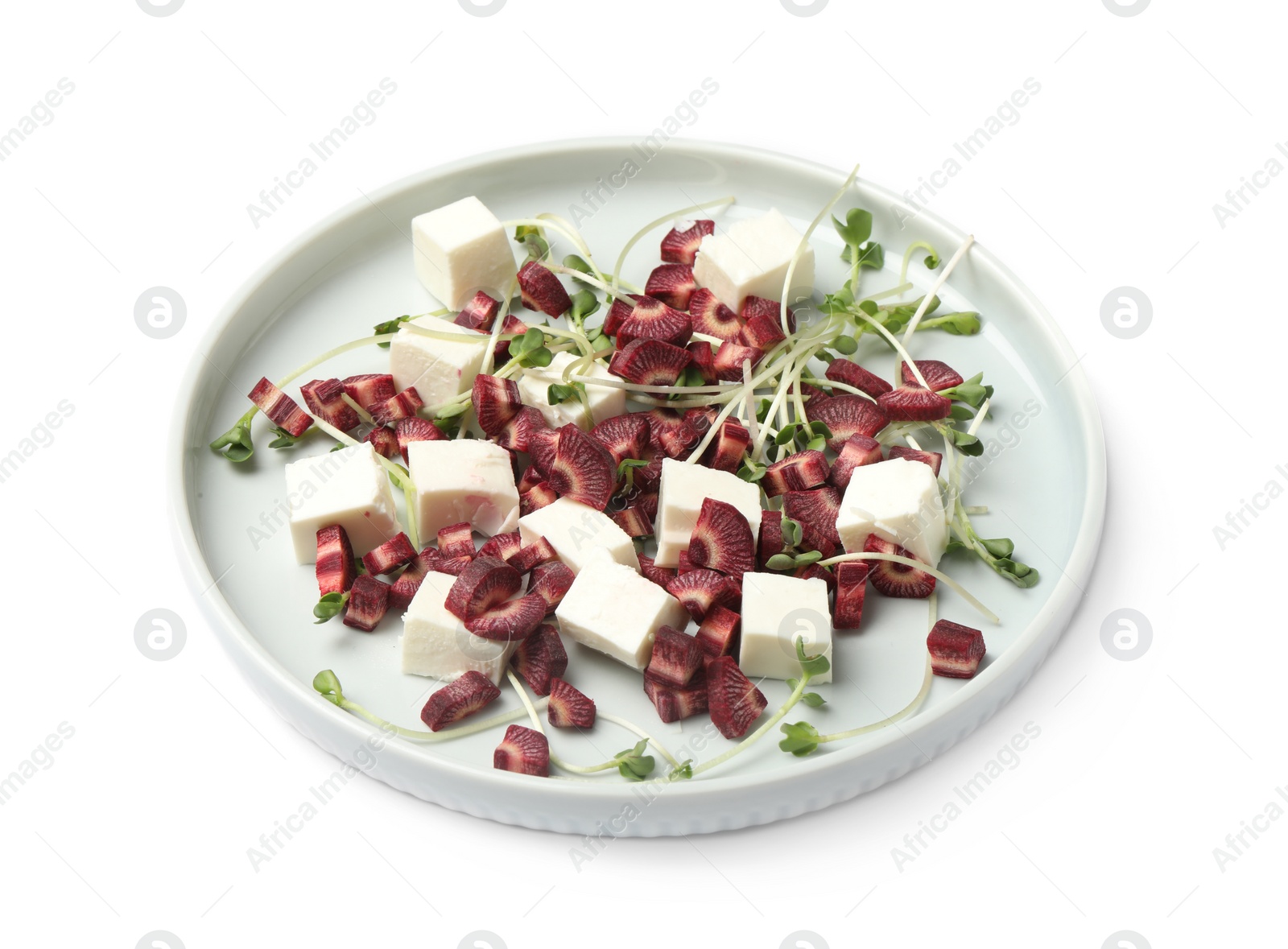 Photo of Delicious fresh carrot salad with feta cheese isolated on white