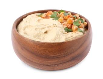 Photo of Bowl of tasty hummus with chickpeas isolated on white