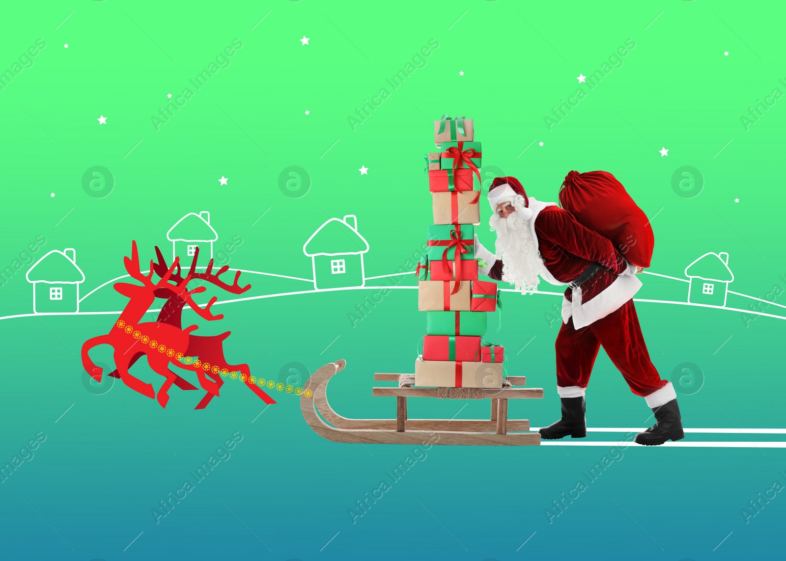 Image of Winter holidays bright artwork. Santa Claus with reindeers delivering gifts on color background, creative collage