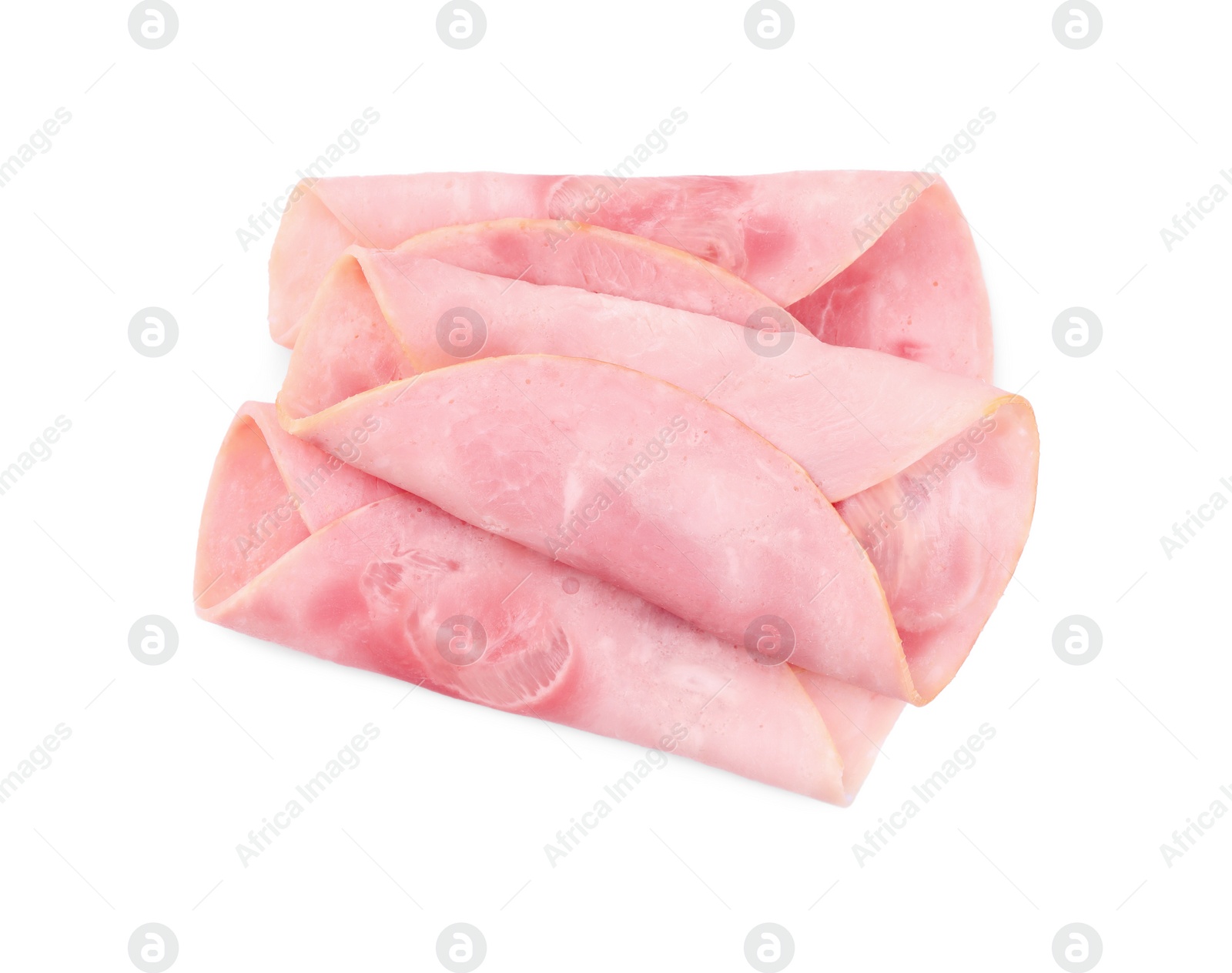 Photo of Slices of tasty ham isolated on white, top view