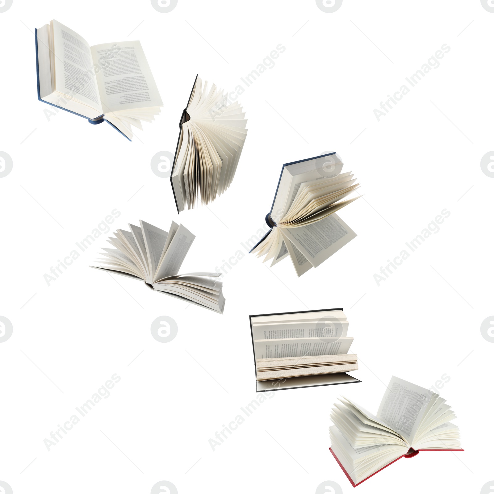 Image of Many hardcover books flying on white background