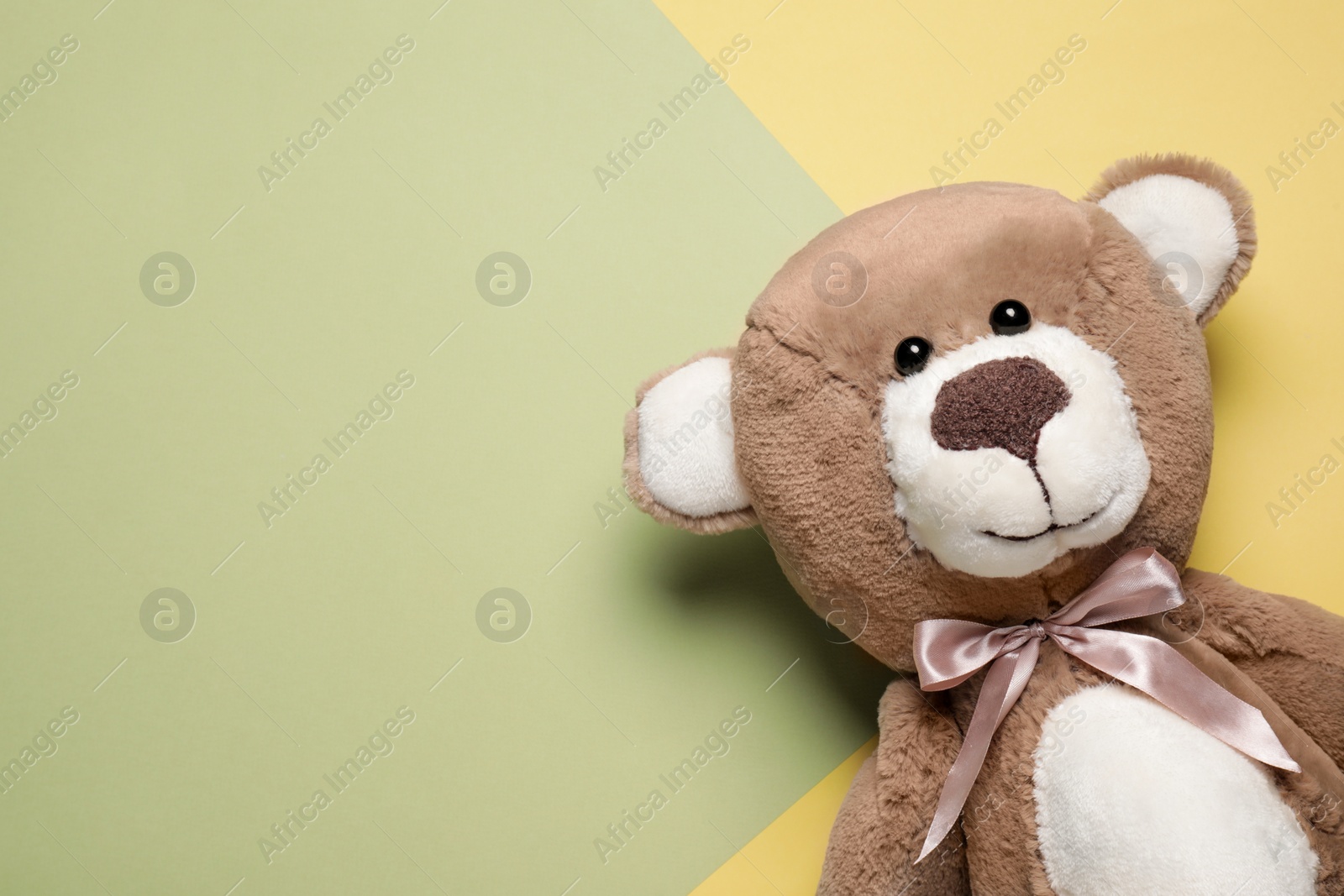 Photo of Cute teddy bear on color background, top view. Space for text