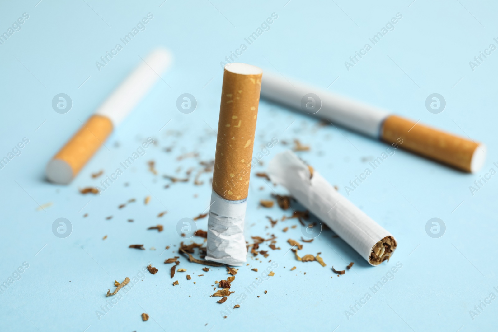 Photo of Broken and whole cigarettes on light blue background, closeup. Quitting smoking concept