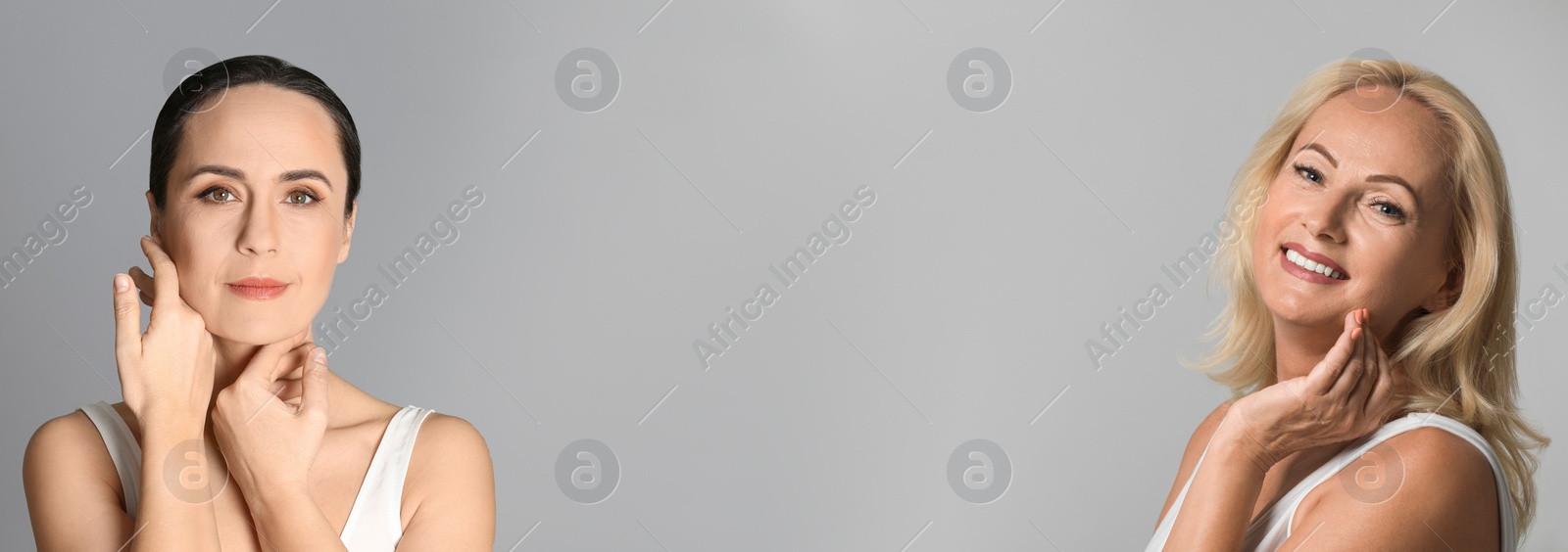 Image of Beautiful mature women on grey background, space for text. Banner design