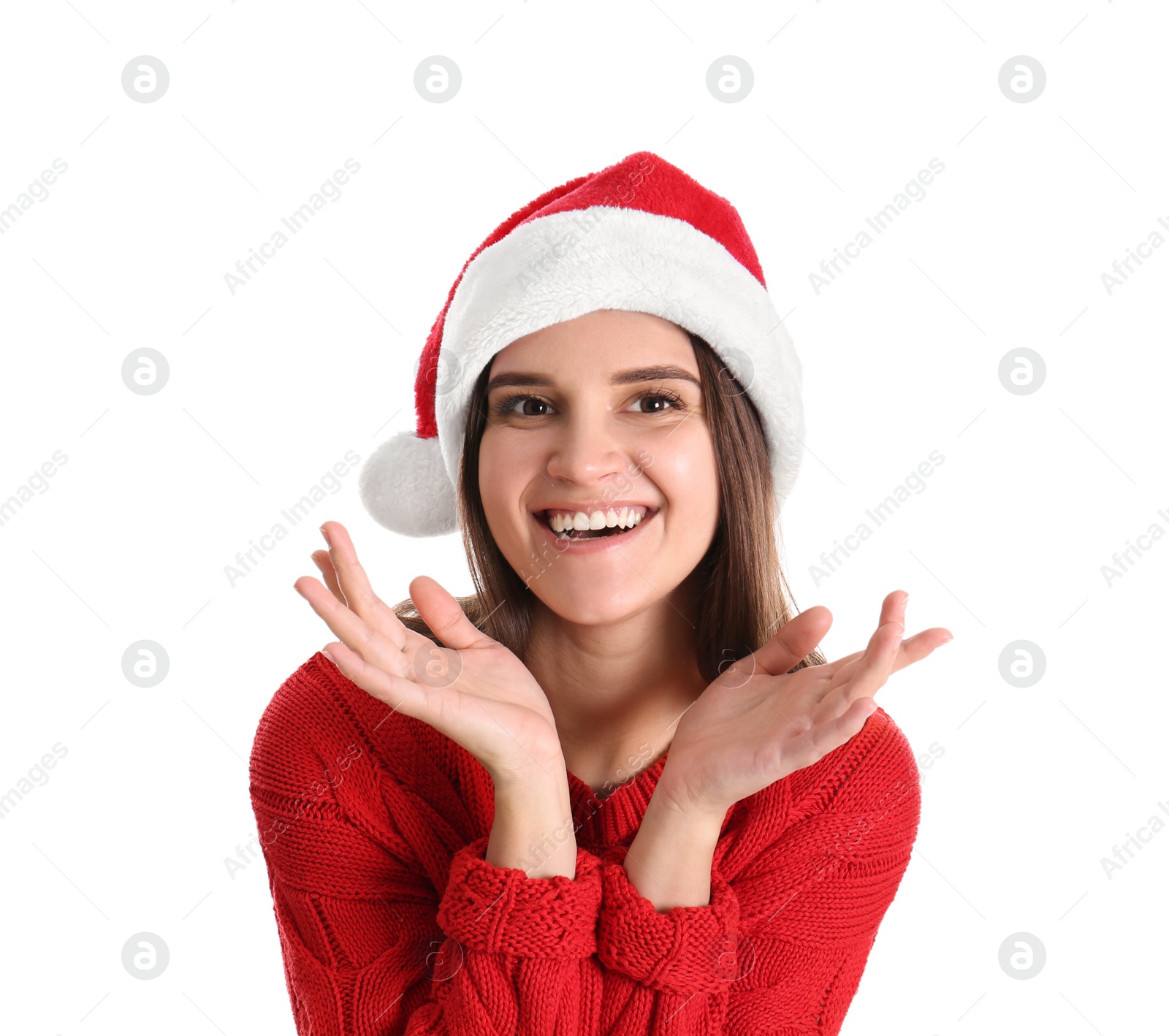 Photo of Pretty woman in Santa hat and red sweater on white background