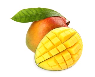 Delicious ripe mangoes on white background. Tropical fruit