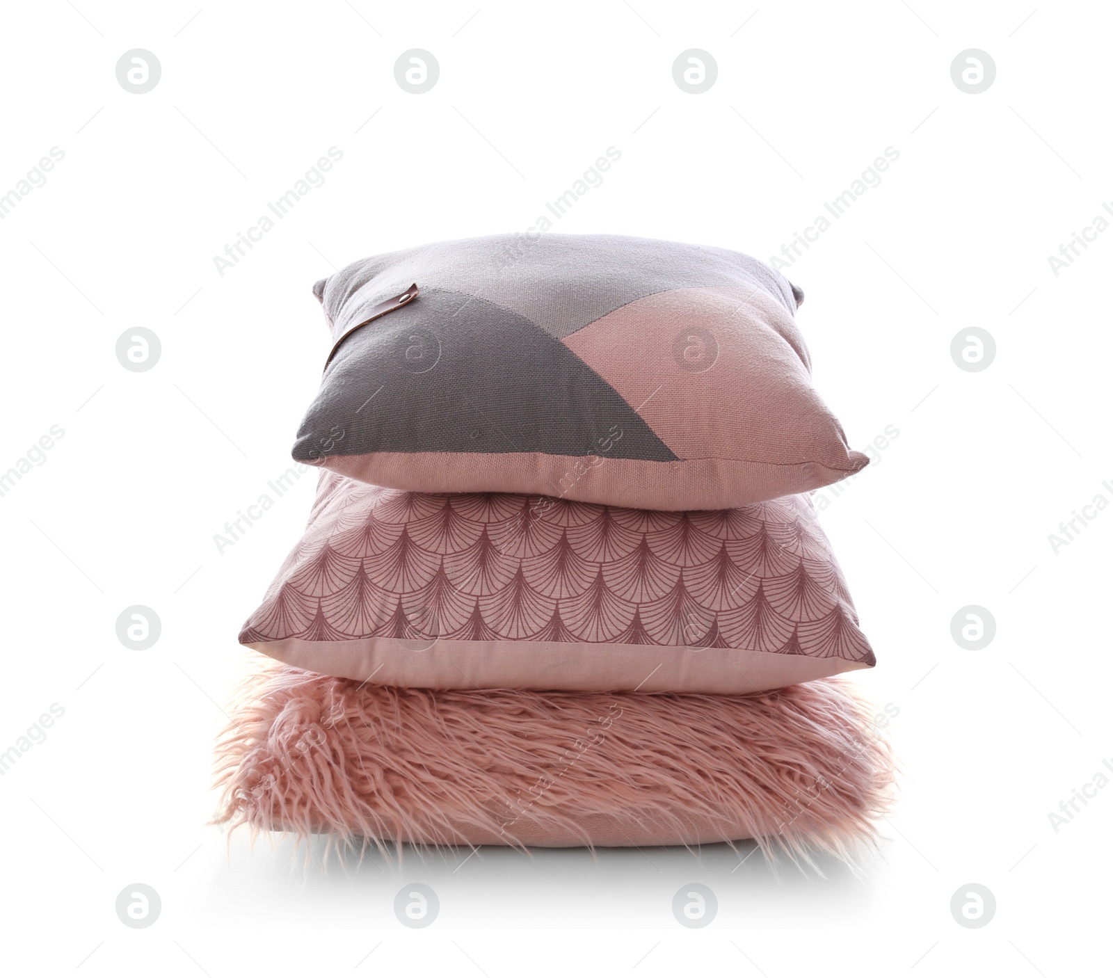 Photo of Stack of different colorful pillows on white background